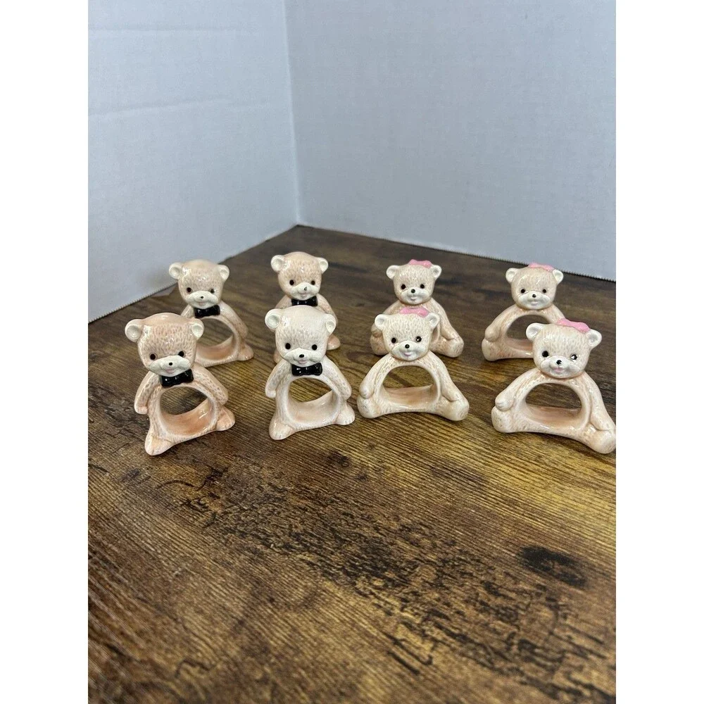 Vintage Taiwan Teddy Bear Ceramic Napkin Ring Holders Set of 8 Brown Boy Girl